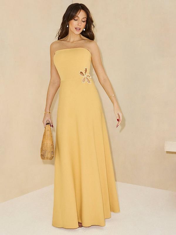 Knitted Bandeau Embellished Side Dress - Yellow