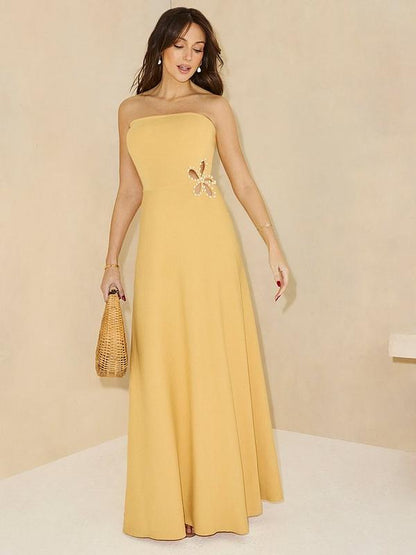 Knitted Bandeau Embellished Side Dress - Yellow
