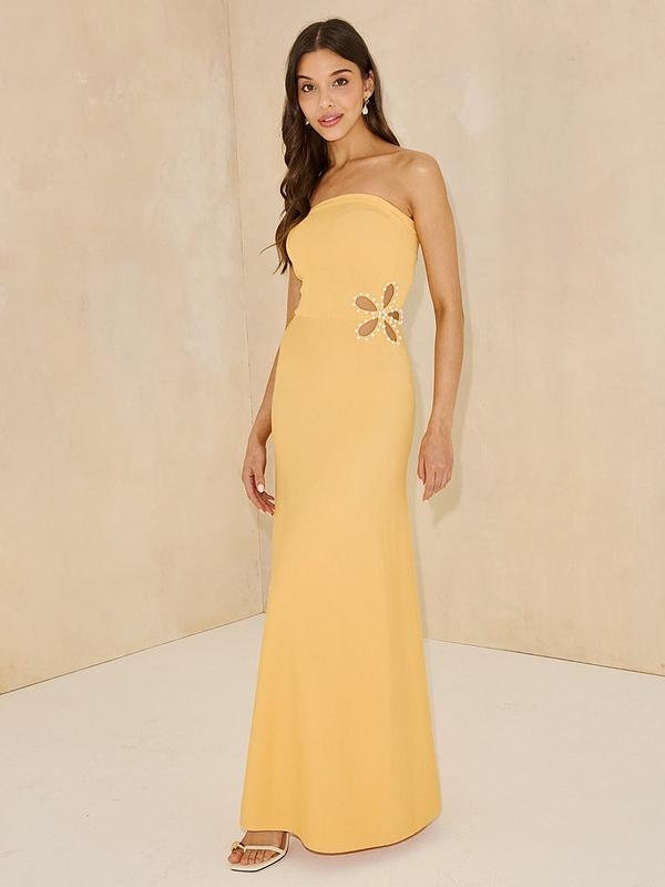 Knitted Bandeau Embellished Side Dress - Yellow