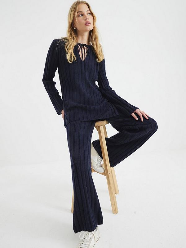 River Island Ribbed Flare Trouser - Navy - Blue
