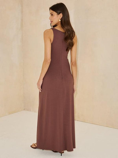 Double Shell Trim Jersey Midaxi Dress - Brown