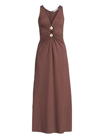 Double Shell Trim Jersey Midaxi Dress - Brown