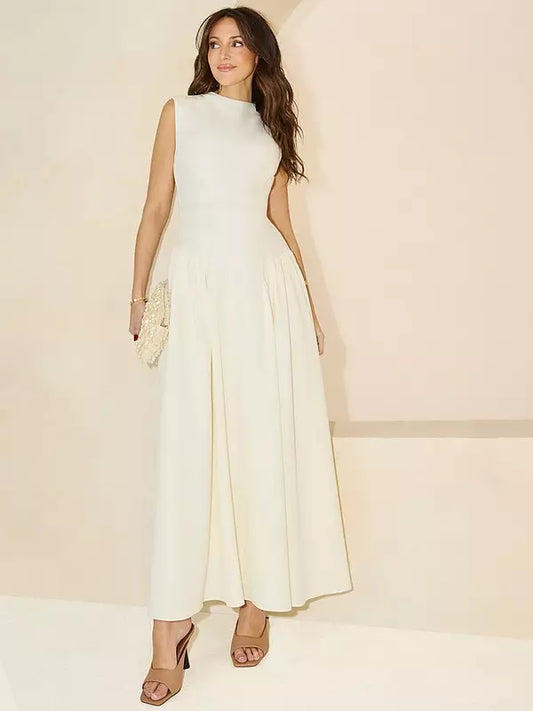 Pleated Corset Sleeveless Dress - Cream