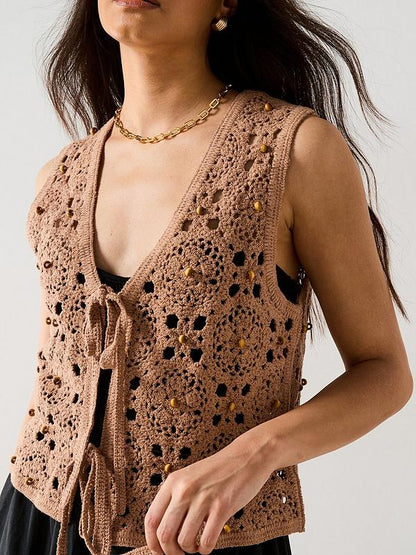 V by Very Cotton Rich V Neck Crochet Beaded Waistcoat - Brown