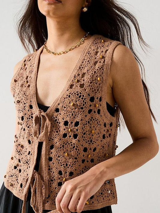 V by Very Cotton Rich V Neck Crochet Beaded Waistcoat - Brown