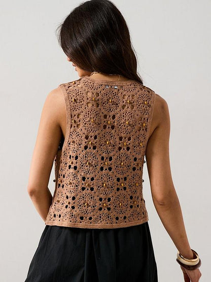 V by Very Cotton Rich V Neck Crochet Beaded Waistcoat - Brown