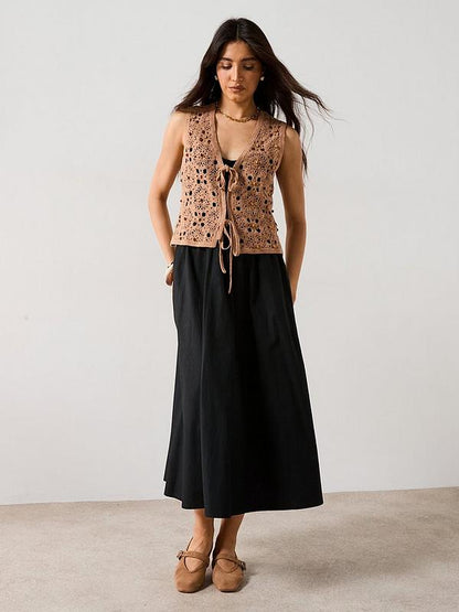 V by Very Cotton Rich V Neck Crochet Beaded Waistcoat - Brown