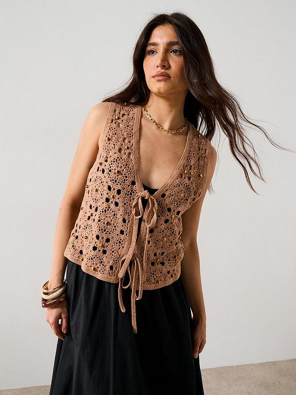 V by Very Cotton Rich V Neck Crochet Beaded Waistcoat - Brown