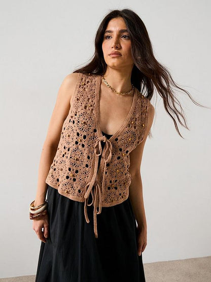 V by Very Cotton Rich V Neck Crochet Beaded Waistcoat - Brown