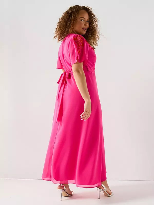 Embellished Shoulder Wrap Dress - Pink