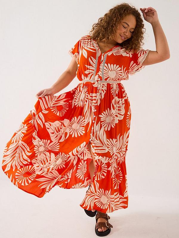 V by Very Curve Lace Trim Cheesecloth Midi Dress - Print