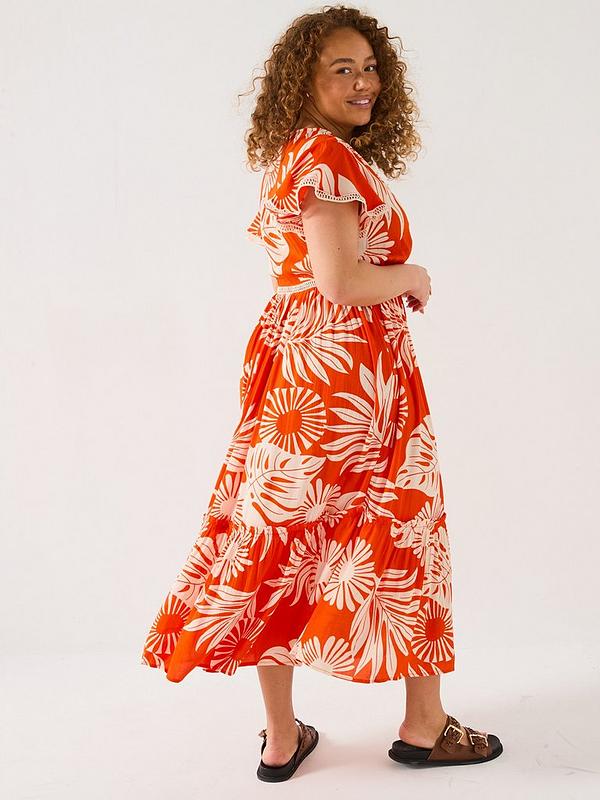 V by Very Curve Lace Trim Cheesecloth Midi Dress - Print