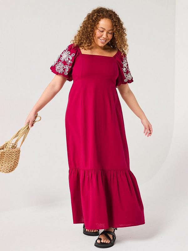 V by Very Curve Embroidered Sleeve Midaxi Dress - Red