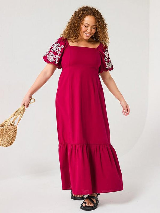 V by Very Curve Embroidered Sleeve Midaxi Dress - Red