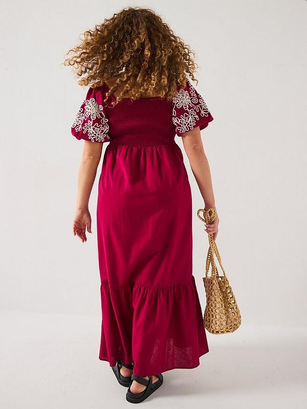 V by Very Curve Embroidered Sleeve Midaxi Dress - Red