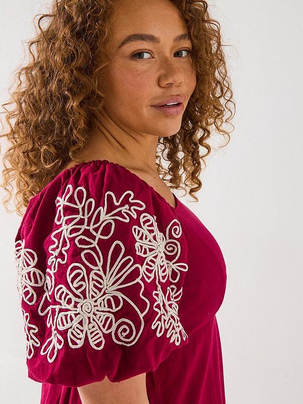 V by Very Curve Embroidered Sleeve Midaxi Dress - Red