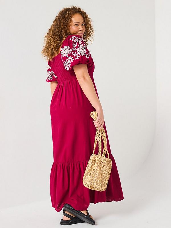 V by Very Curve Embroidered Sleeve Midaxi Dress - Red