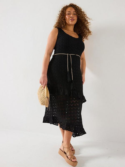 V by Very Curve Crochet Asymmetric Hem Ruffle Dress - Black