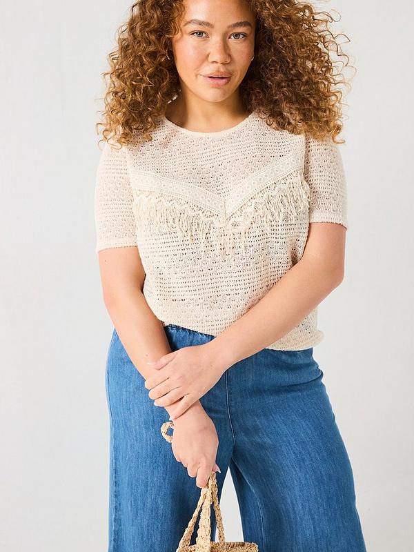V by Very Curve Fringe Detail Crochet Short Sleeve Top - Cream