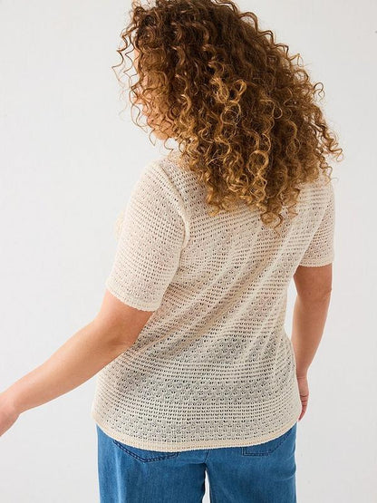 V by Very Curve Fringe Detail Crochet Short Sleeve Top - Cream