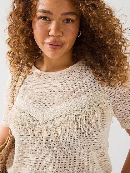 V by Very Curve Fringe Detail Crochet Short Sleeve Top - Cream
