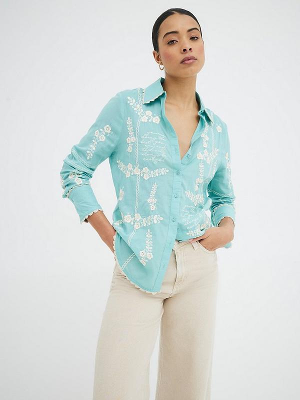 Blue Floral Script Embroidered Shirt