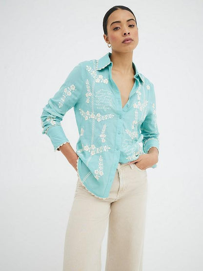 Blue Floral Script Embroidered Shirt