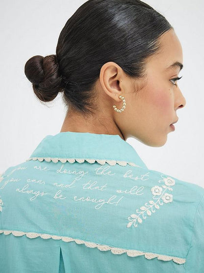 Blue Floral Script Embroidered Shirt