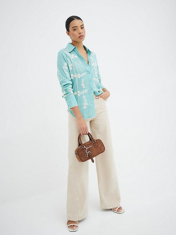 Blue Floral Script Embroidered Shirt