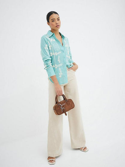Blue Floral Script Embroidered Shirt