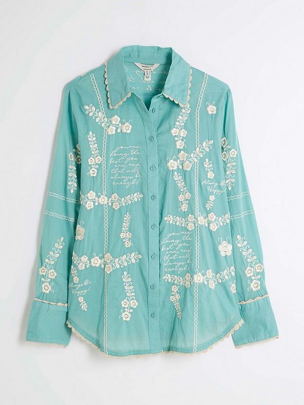 Blue Floral Script Embroidered Shirt