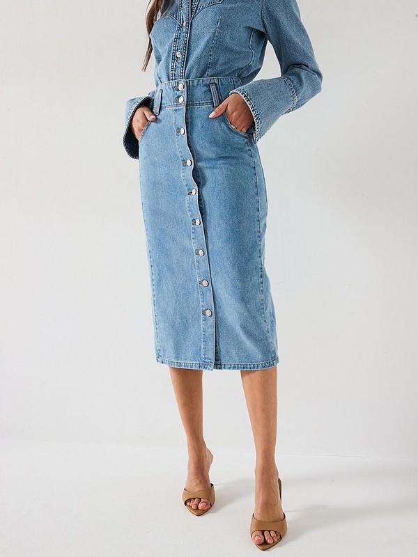 V by Very Button Through Denim Midi Skirt - Light Wash