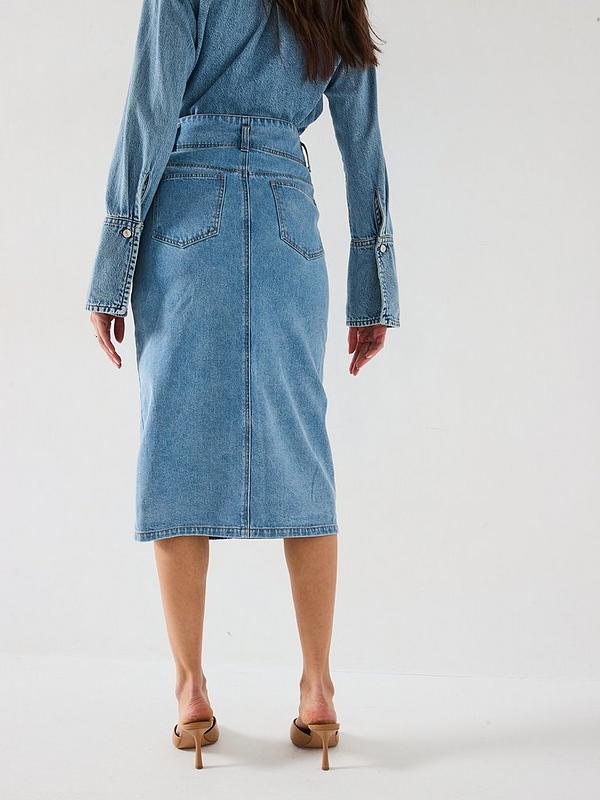 V by Very Button Through Denim Midi Skirt - Light Wash