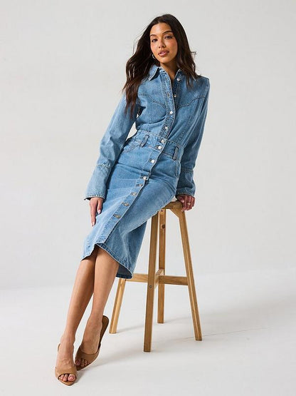 V by Very Button Through Denim Midi Skirt - Light Wash