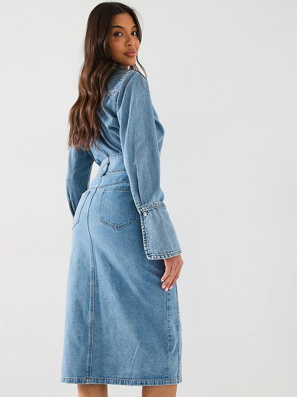 V by Very Button Through Denim Midi Skirt - Light Wash