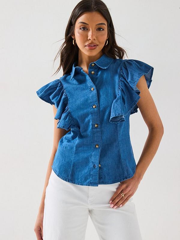 Denim Ruffle Shirt - Mid Wash