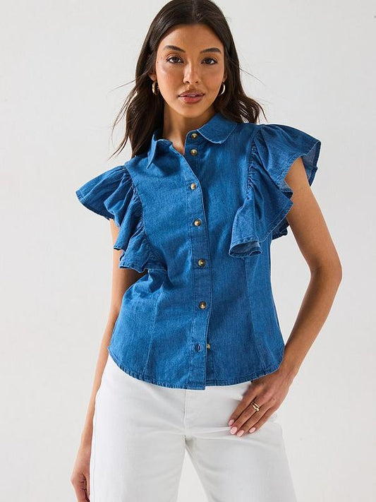 Denim Ruffle Shirt - Mid Wash