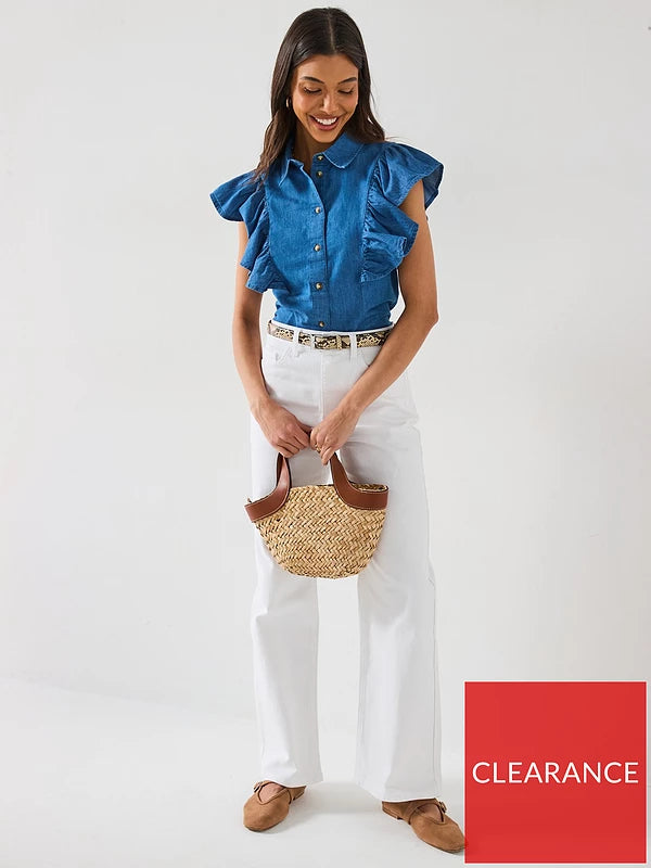 Denim Ruffle Shirt - Mid Wash