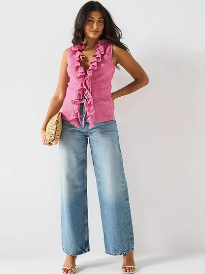 V by Very Ruffle Tie Front Top - Pink