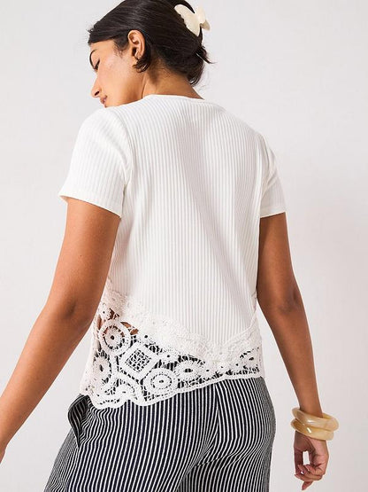 V by Very Crochet Hem Rib T-shirt - White