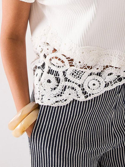 V by Very Crochet Hem Rib T-shirt - White