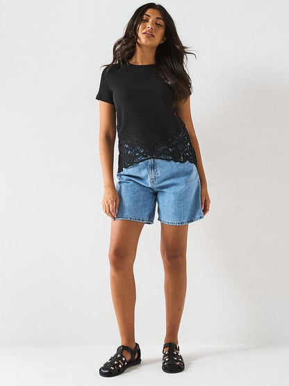 Crochet Hem Rib T-shirt - Black