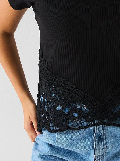 Crochet Hem Rib T-shirt - Black