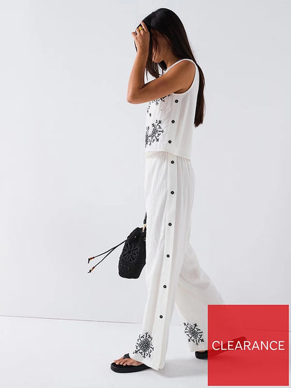 Embroidered Button Down Trouser Co-ord White