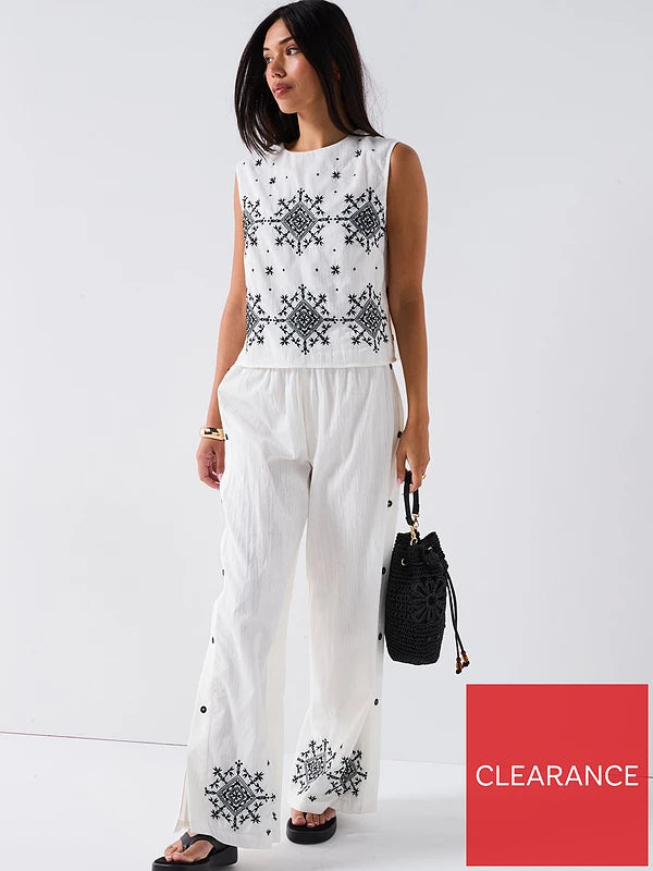Embroidered Button Down Trouser Co-ord White