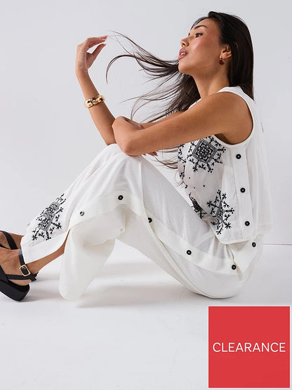Embroidered Button Down Trouser Co-ord White