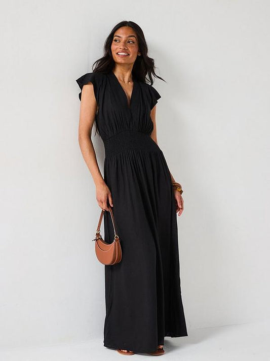 V by Very Shirred Waist Cotton Maxi Dress - Black