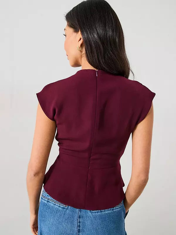 V by Very Tie Front Cap Sleeve Top - Burgundy