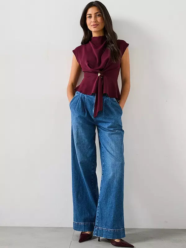 V by Very Tie Front Cap Sleeve Top - Burgundy