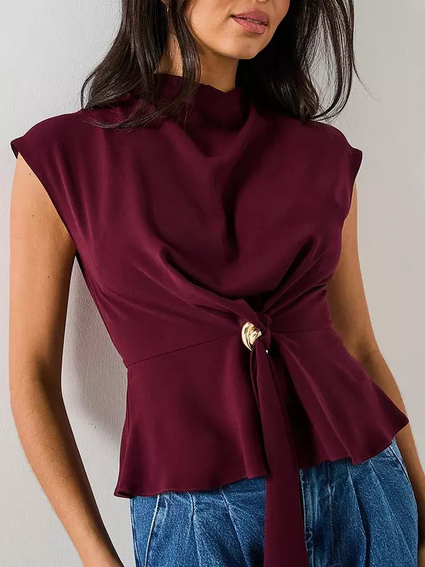V by Very Tie Front Cap Sleeve Top - Burgundy
